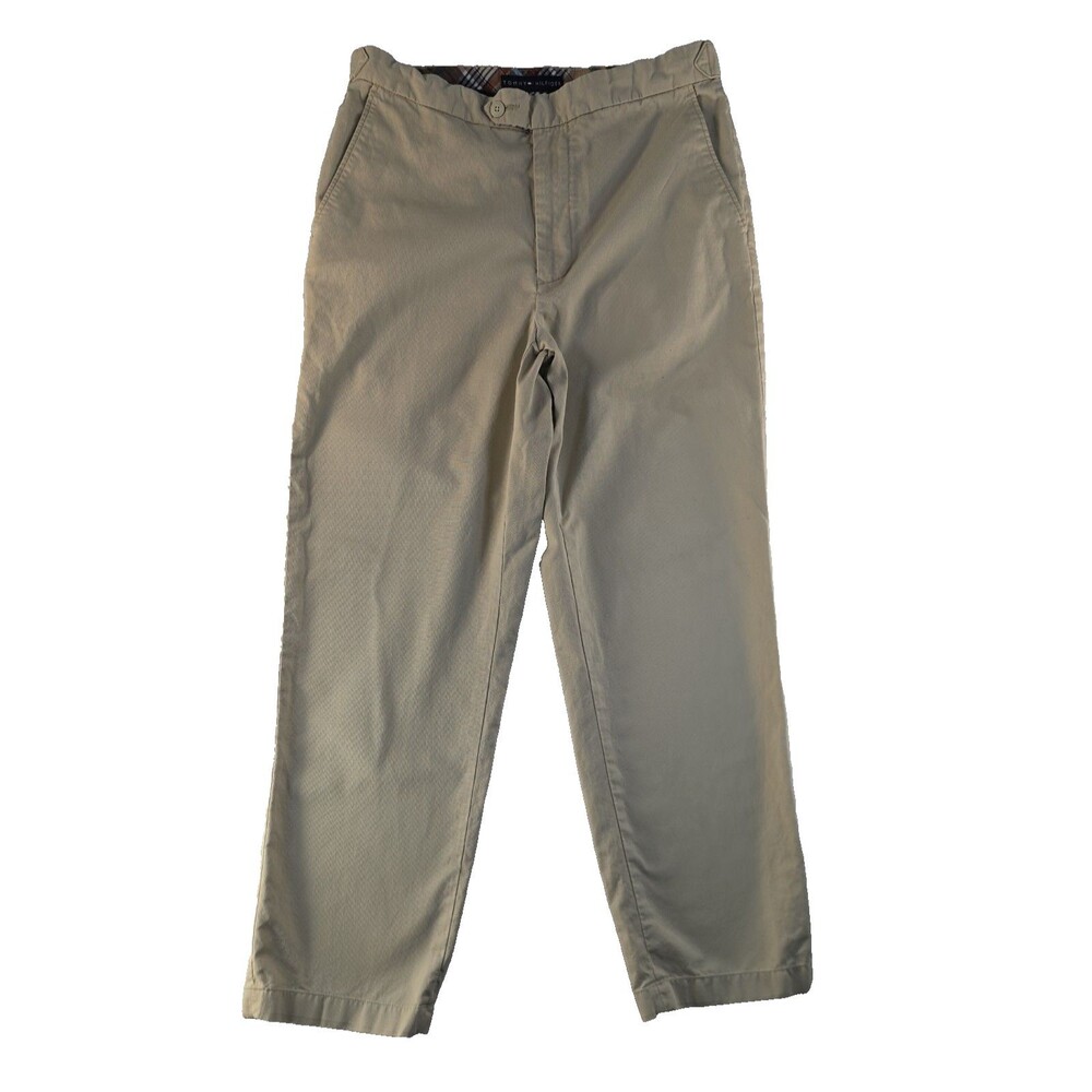 Vtg Tommy Hilfiger Pants Side Tab Chino High Waist 33x30 100% Cotton Y2K Tan